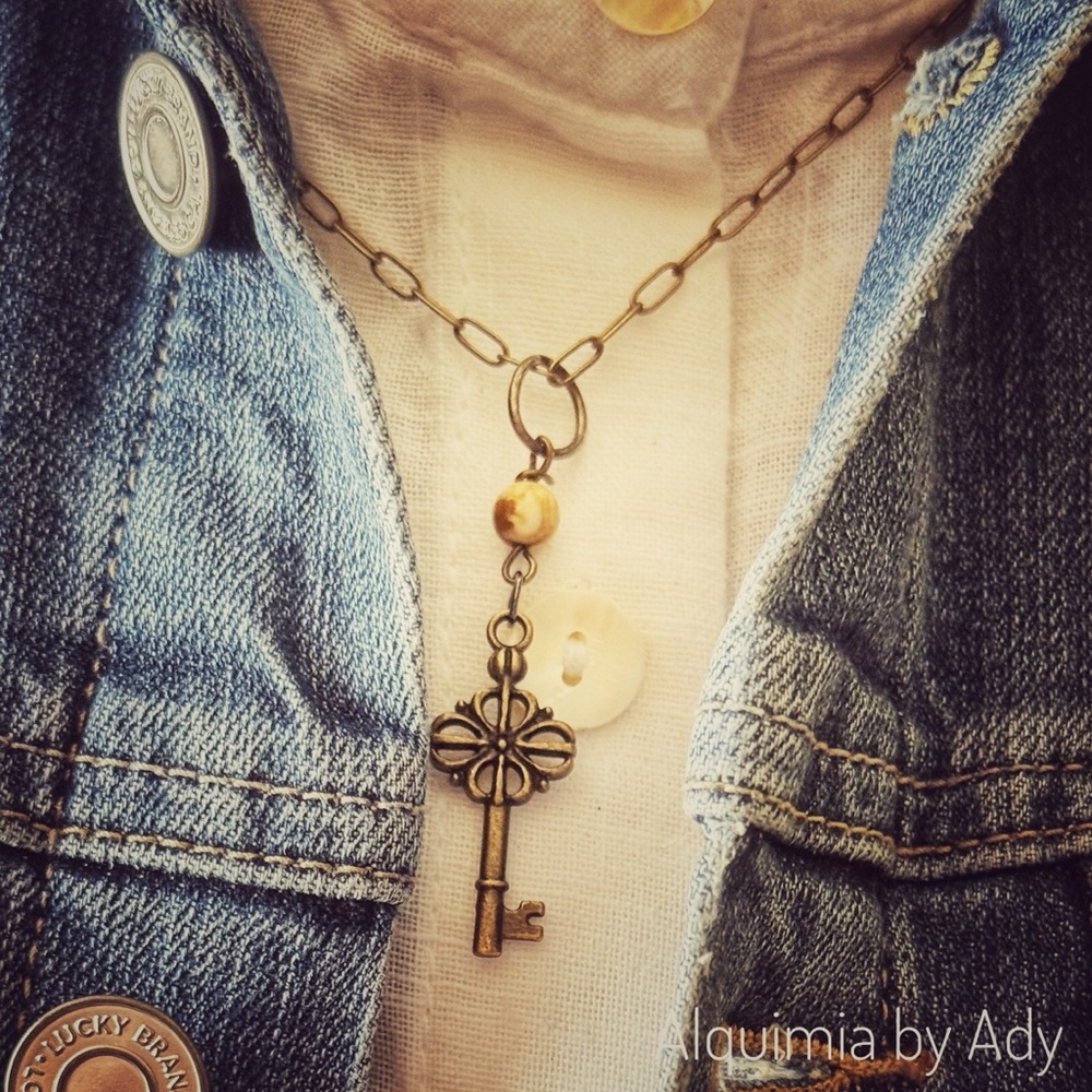 Vintage Bronze Key Necklace — Honey Jasper Bead, 20” Adjustable Chain